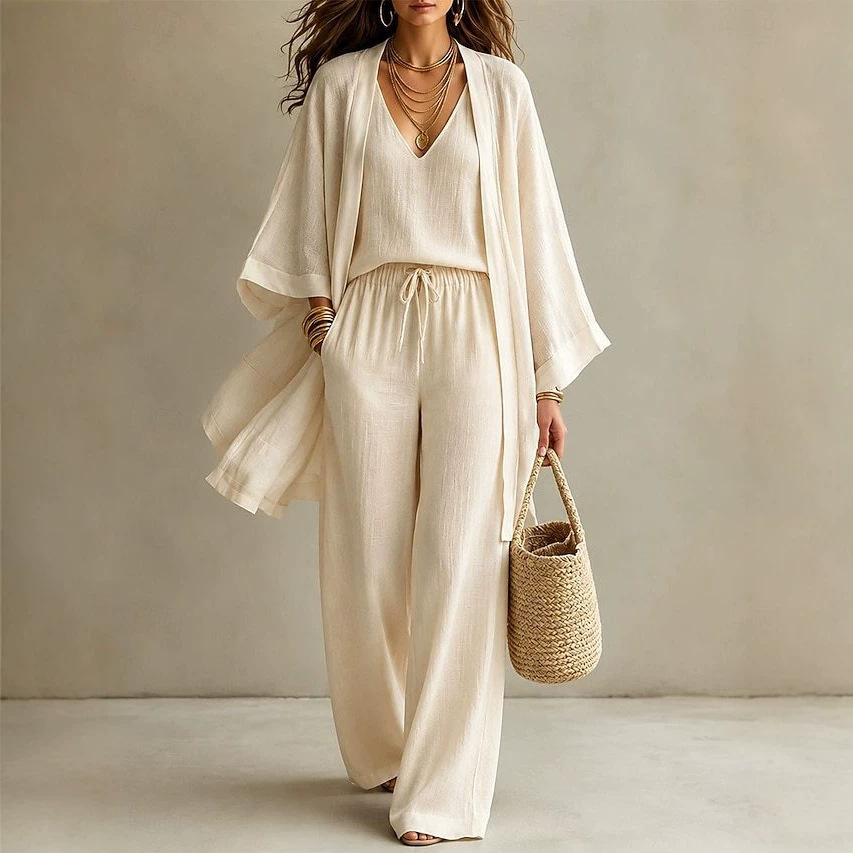 Women's Summer Solid Color Cotton-Linen 3-Piece Set: Open-Front Cardigan, Sleeveless Tank, Wide-Leg Pants