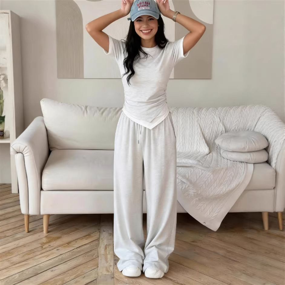 Women's Solid Color Long Sleeve Faux Two-Piece T-Shirt and Pants Set