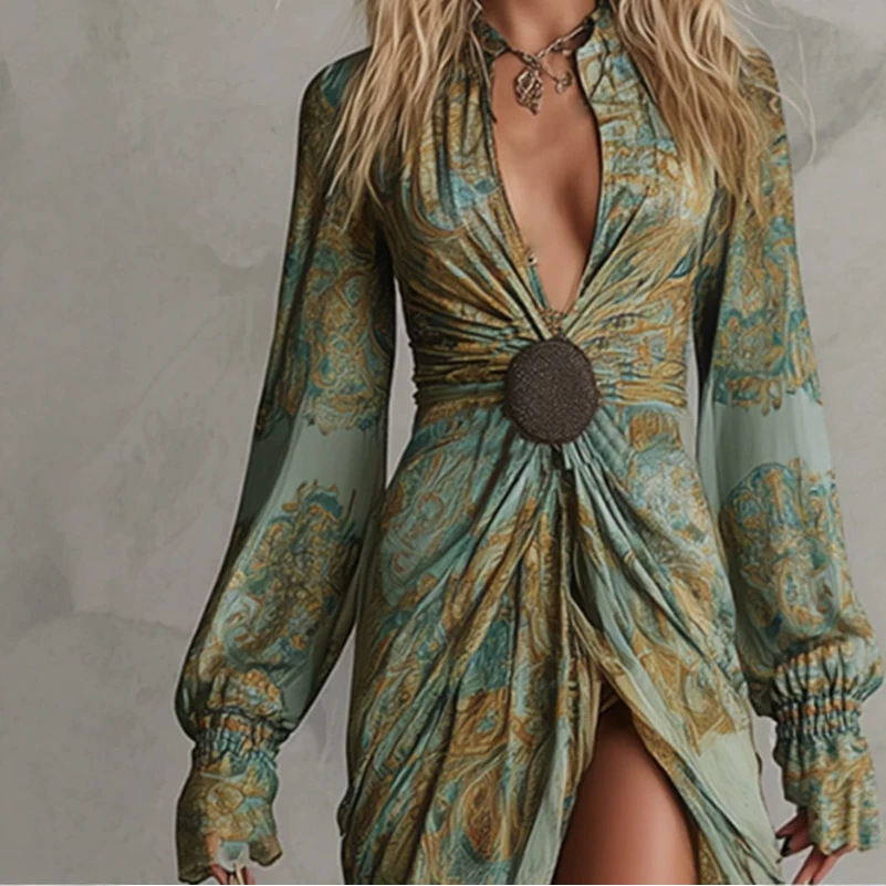 Charming Vintage V-Neck Green Print Long Dress