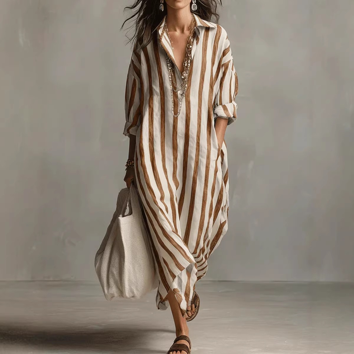 Women's Loose Long Striped Shirt Dress with Nine-Tenth Sleeves