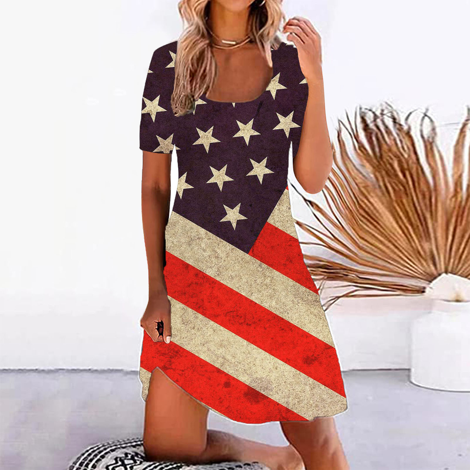 Women's Floral Print Short Sleeve Round Neck A-Line Midi Dress