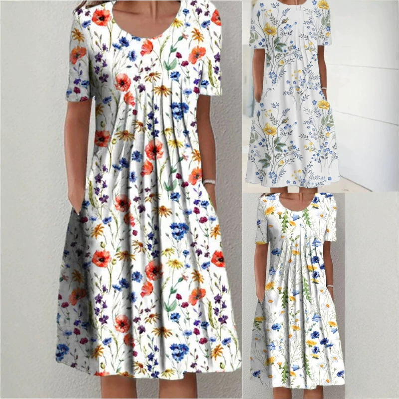 Plus Size Floral Print Short Sleeve Round Neck Midi Dress