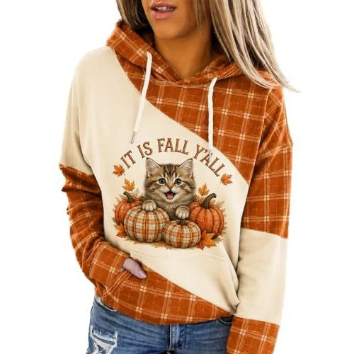 Plaid Cat & Pumpkin Print Hooded Sweatshirt for Women