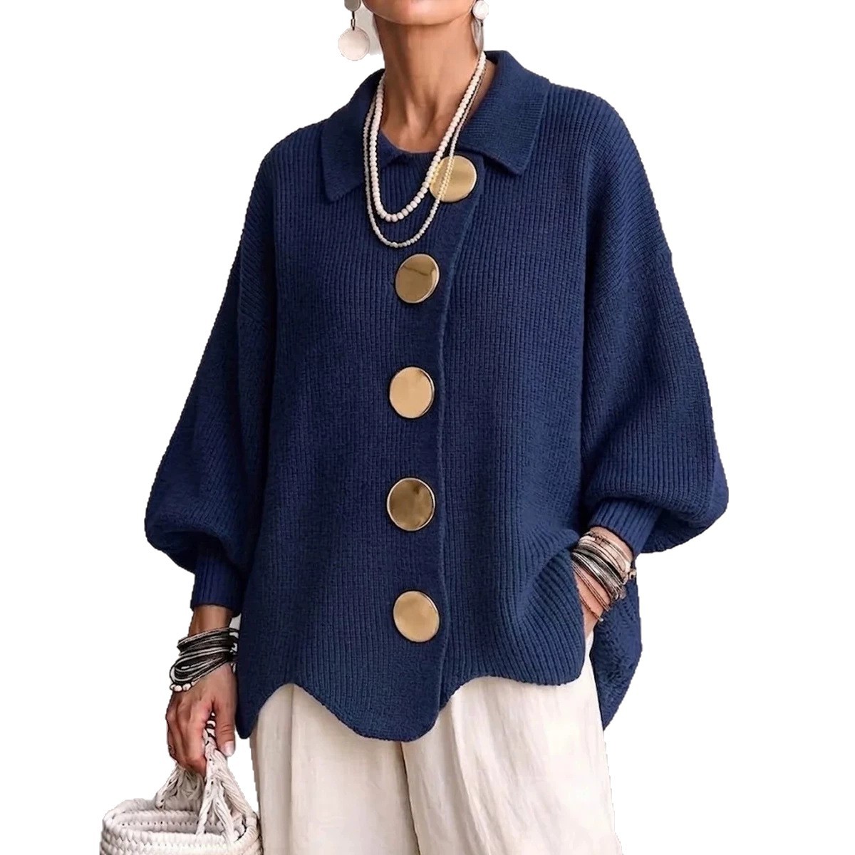 Women's Knit Round Neck Long Sleeve Cardigan Sweater