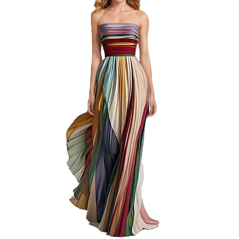Women's Pleated Floral Print High-Waist Maxi Dress Sleeveless