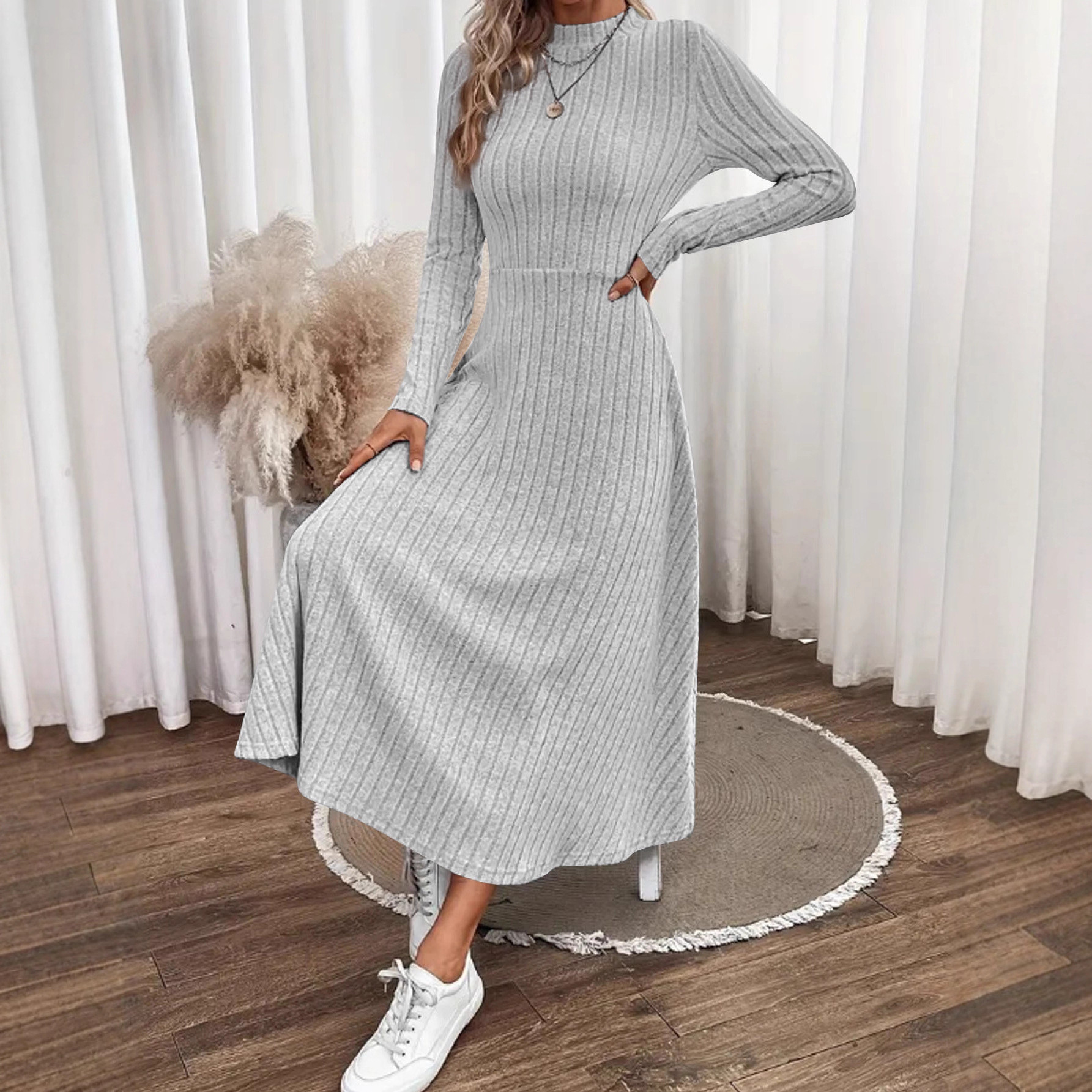 Women's Brushed Ribbed Knit Long Dress Solid Crew Neck A-Line