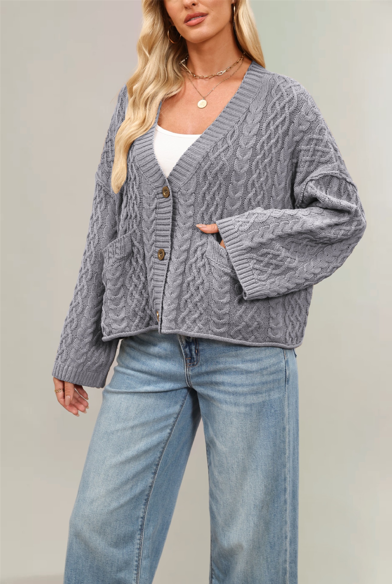 Cable-Knit Loose Solid Cardigan