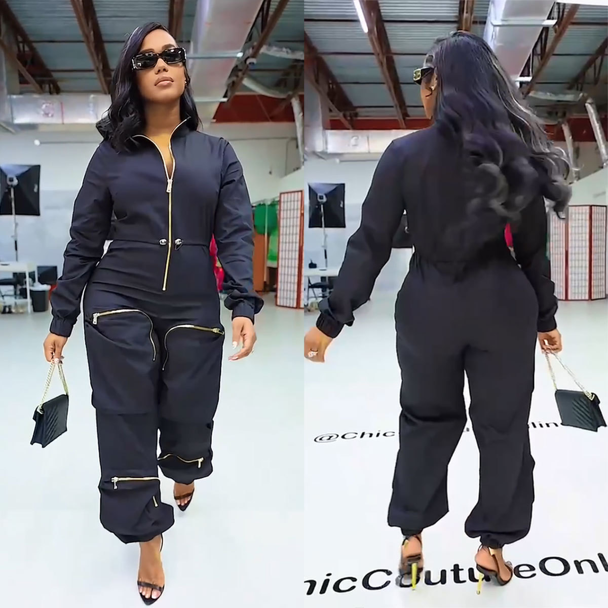 Women's Waist-Cinching Cargo Jumpsuit with Metal Zip and Bread Pockets