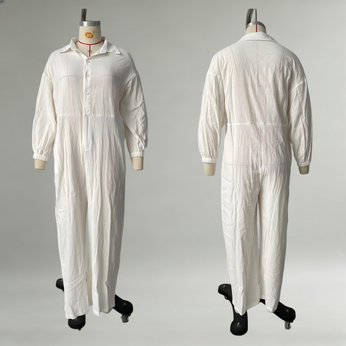 Women's V-Neck Button Long Sleeve Solid Color Jumpsuit with Pockets