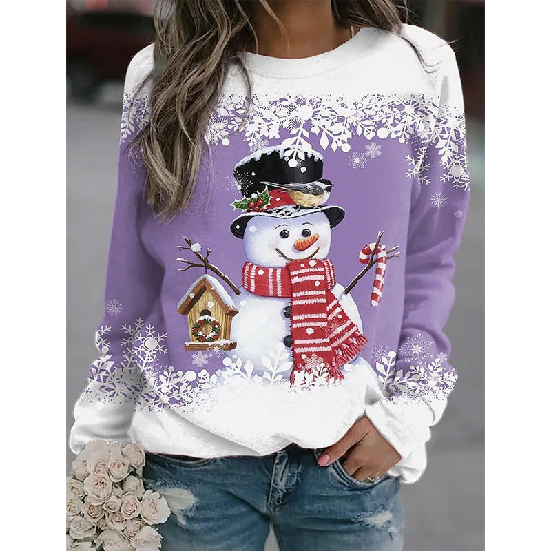 Women's Snowman Snowflake House Print Crewneck Sweatshirt
