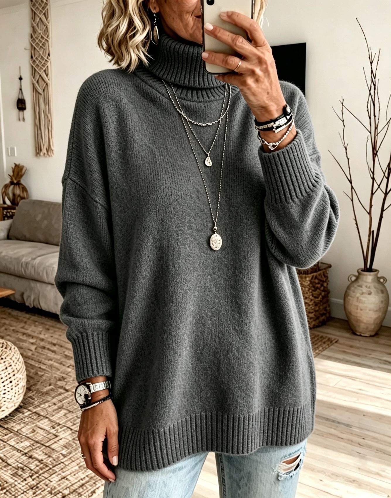 Women's Turtleneck Sweater Loose Knit Pullover Soft Thickened Base Layer