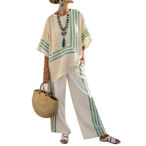 Women's Striped Print Crewneck 3/4 Sleeve Top & Pants Casual Set