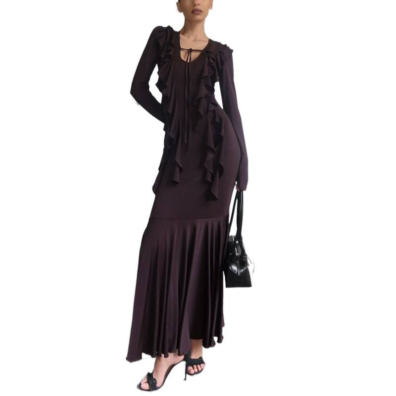 Ruffle Trim Long Sleeve Bodycon Mermaid Dress