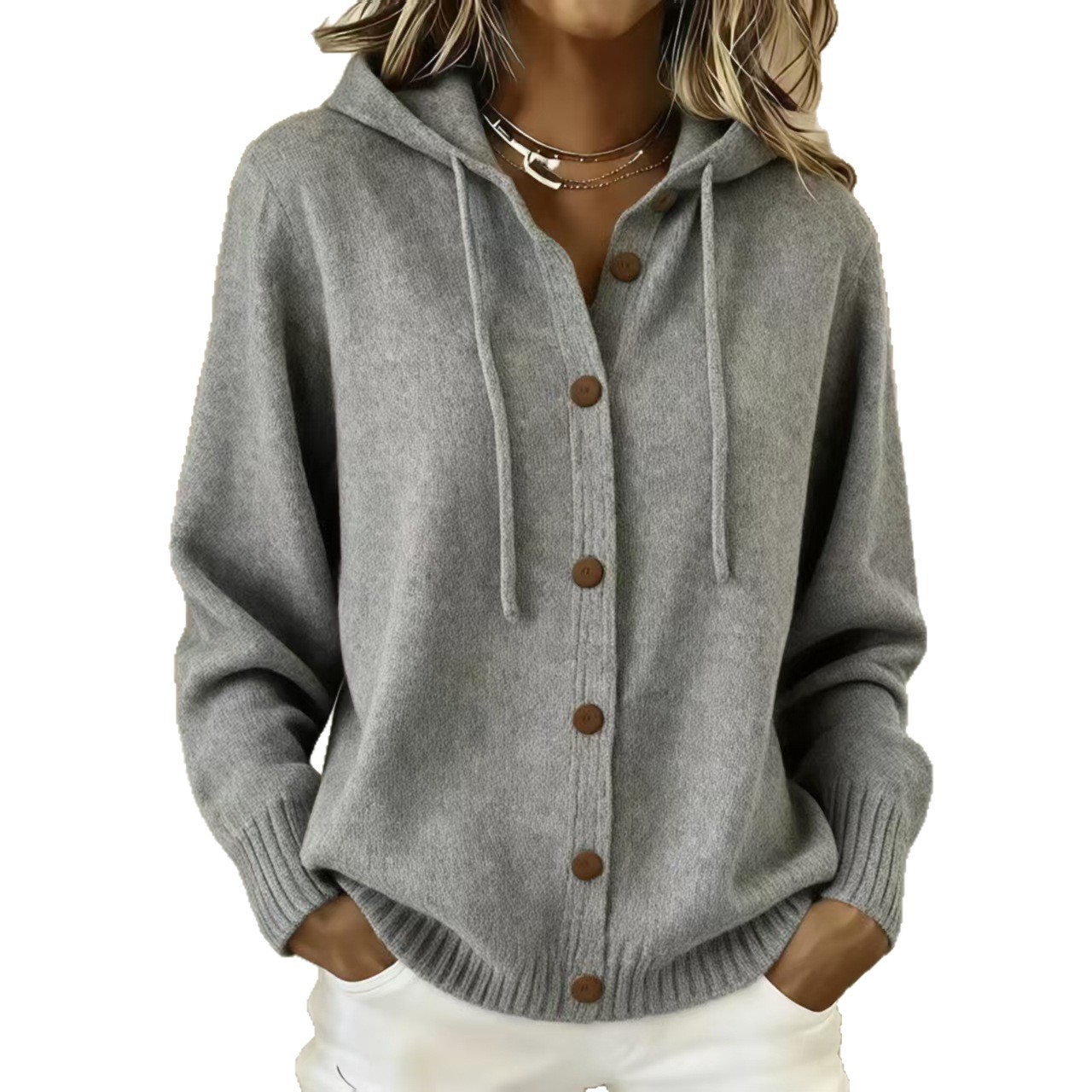 Button-Up Hooded Knit Cardigan Sweater Coat Solid Color Casual Women's
