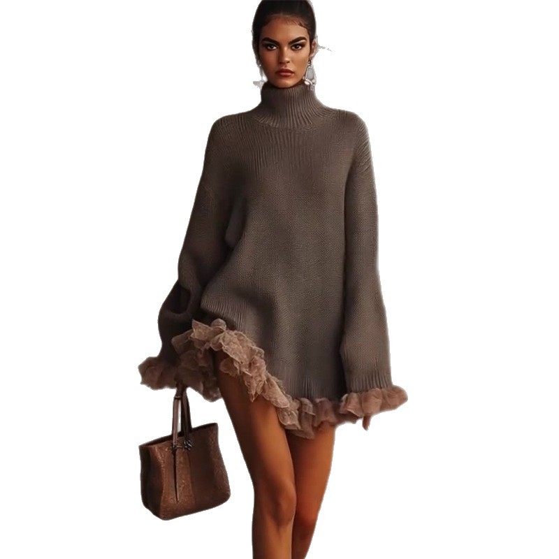 Gray Knit Turtleneck Ruffle Spliced Long-Sleeve Sweater