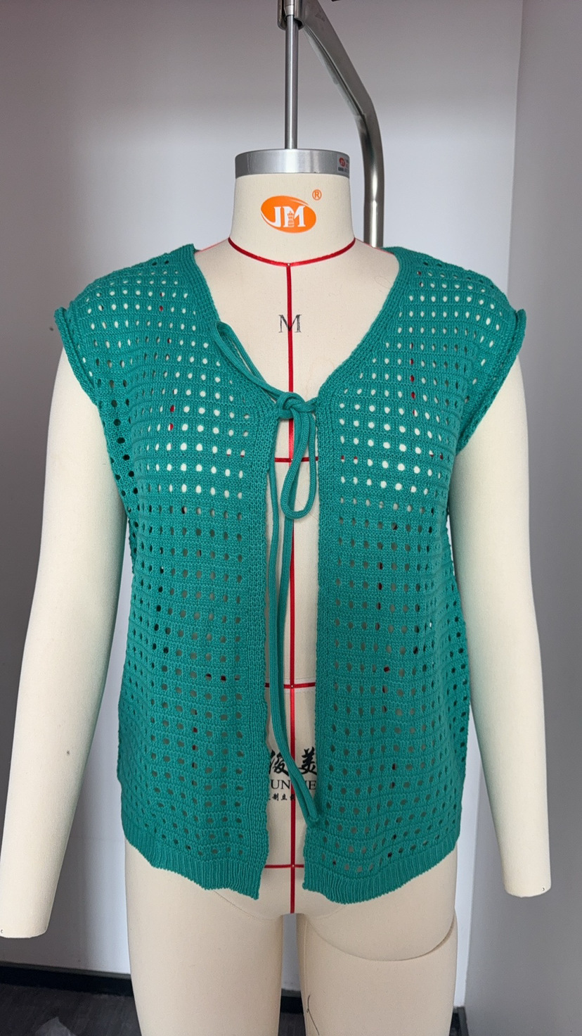 Women's Open Knit Short Sleeve Cardigan Tie-Front Hollow Out Cover-Up