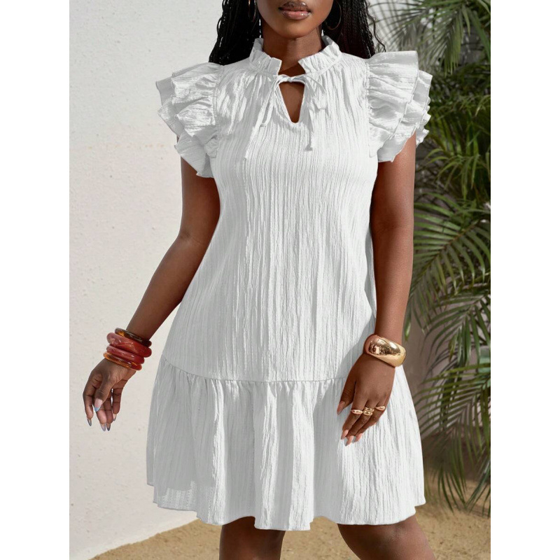 Ruffled V-Neck Short Sleeve A-Line Dress