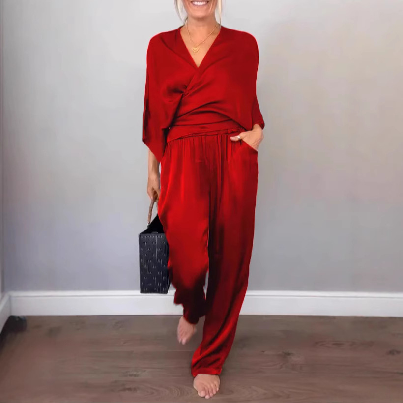 Women's Summer Solid Satin Short Sleeve Top and Pants Set