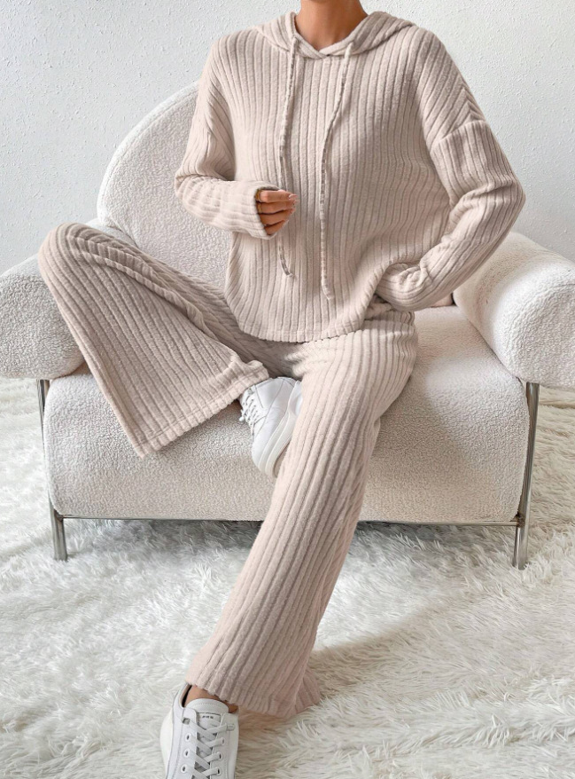 Women's Casual Knit Hoodie and Straight-Leg Pants Two-Piece Set