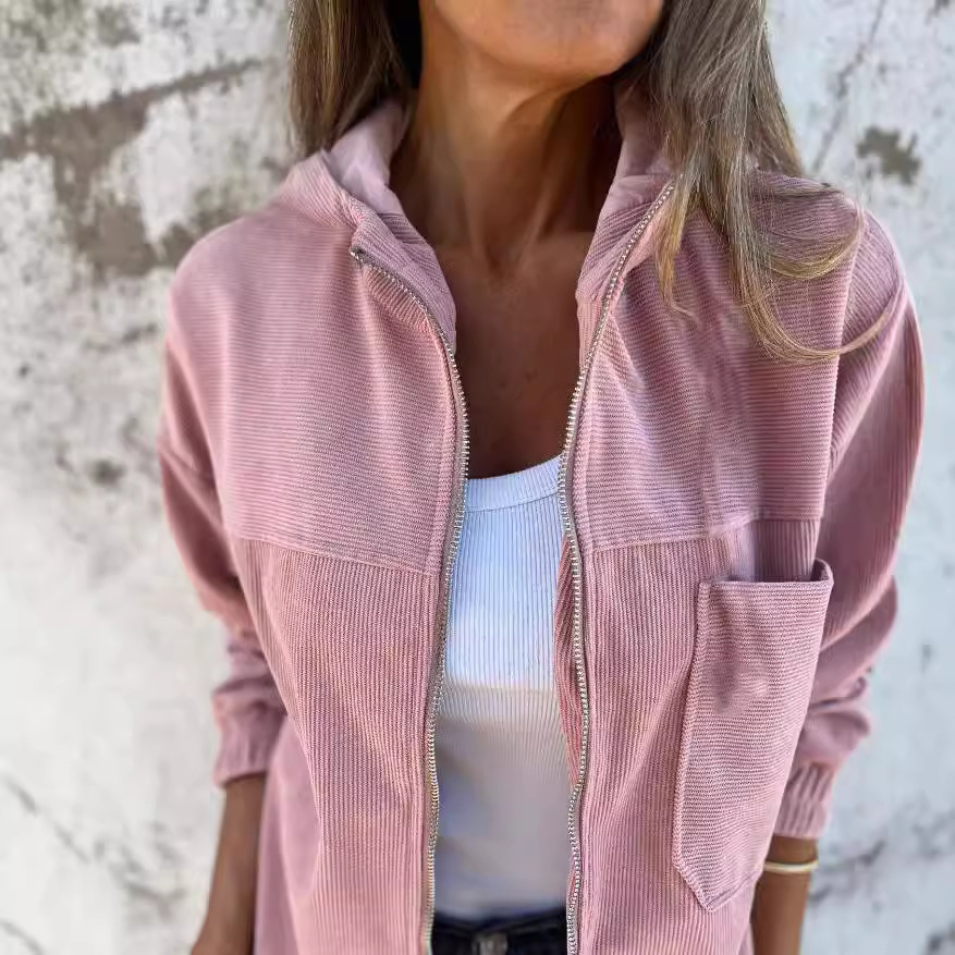 Women's Solid Corduroy Hooded Jacket Casual Loose Fit