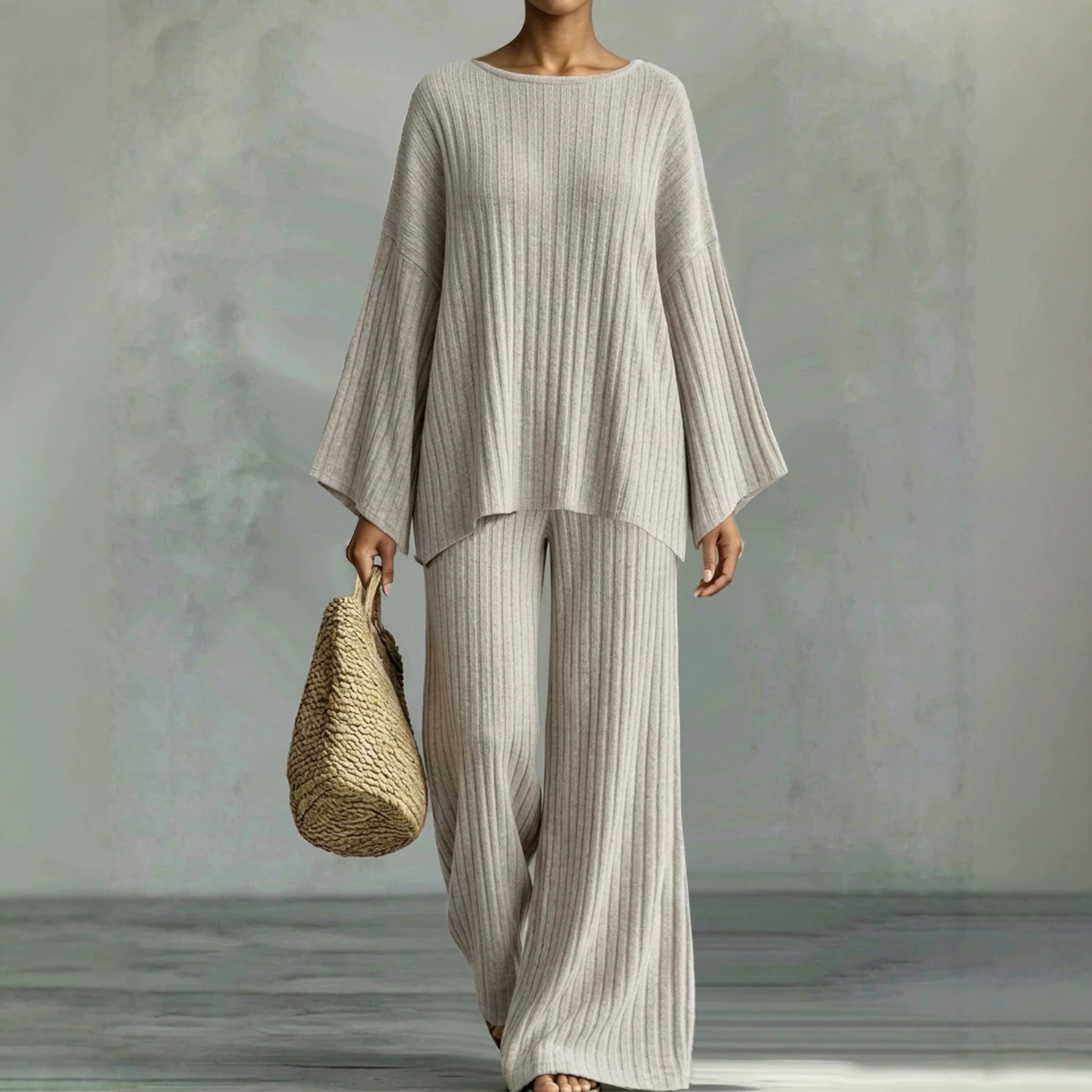 Women's Ribbed Brushed Long Sleeve Top and Pants Set Casual Loungewear