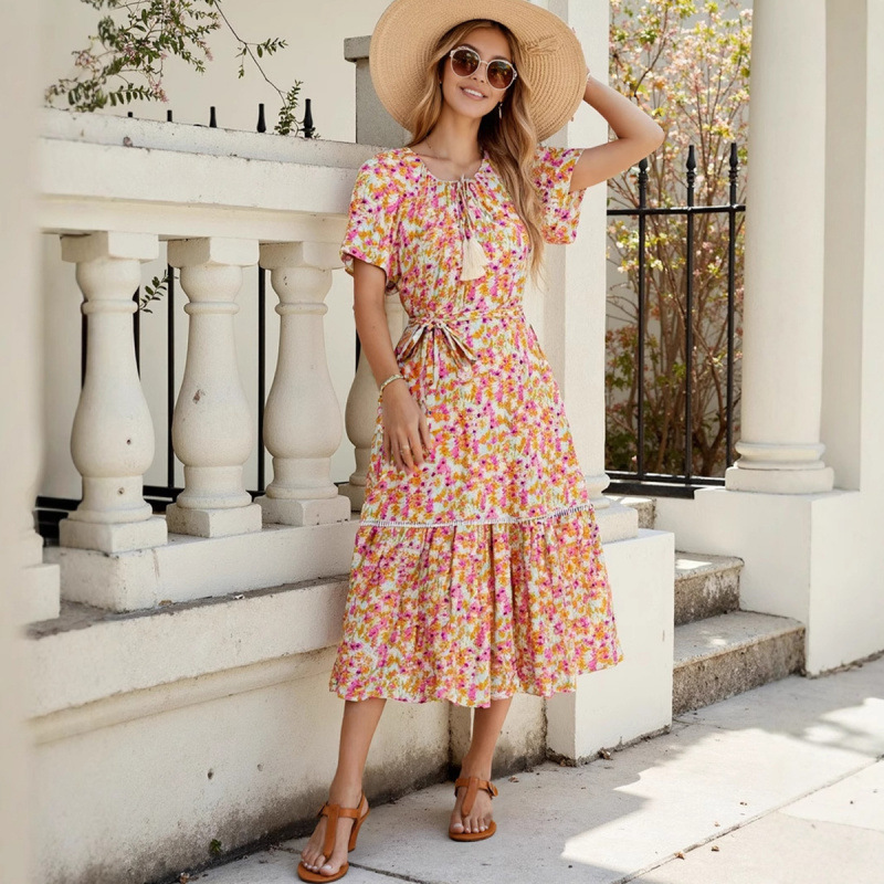 Floral Print Cutout Lace Ruffle Short Sleeve Dress