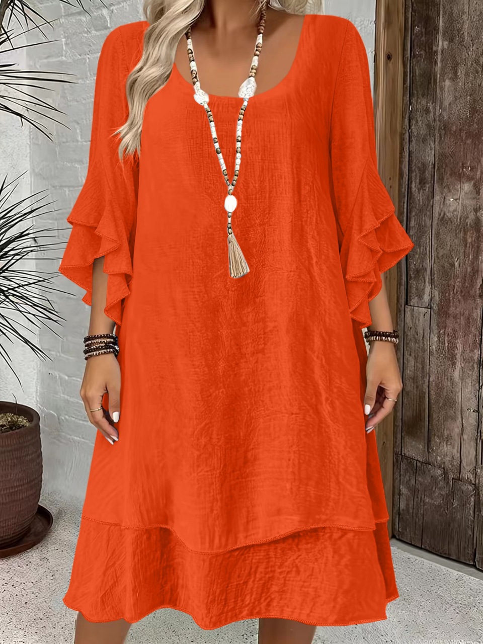 Elegant Ruffle Bell Sleeve Round Neck Midi Dress