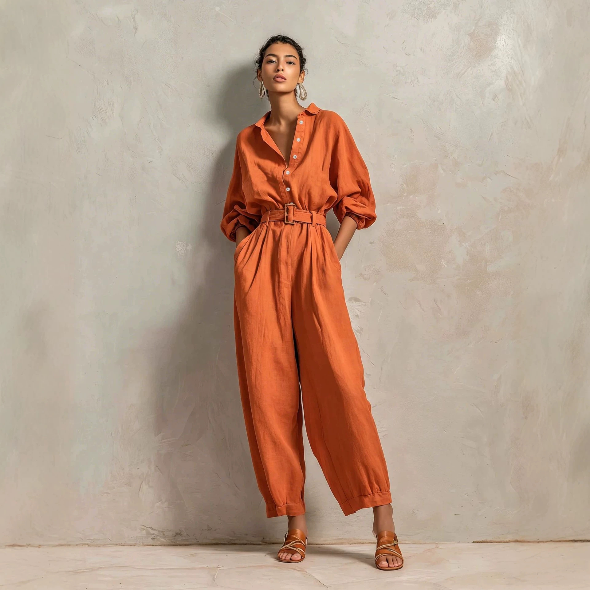 Linen-Blend Long-Sleeve Jumpsuit Casual Chic