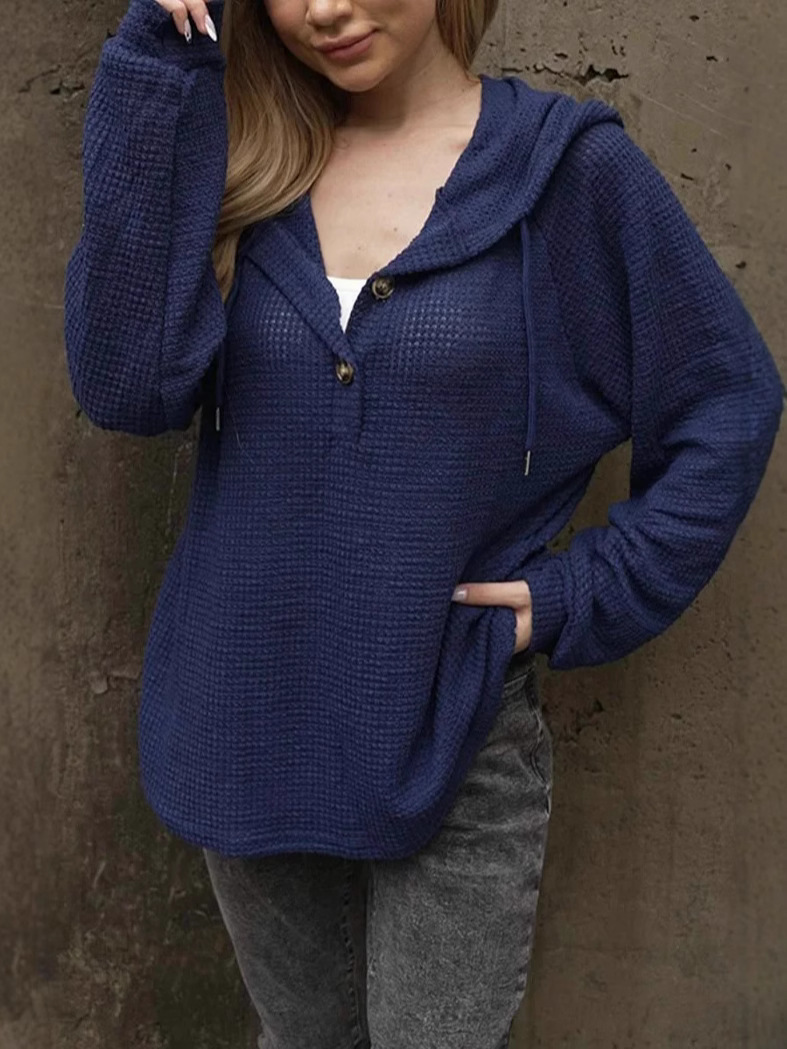 Pineapple Grid Textured Button Drawstring Hooded V-Neck Loose Long-Sleeve Sweatshirt