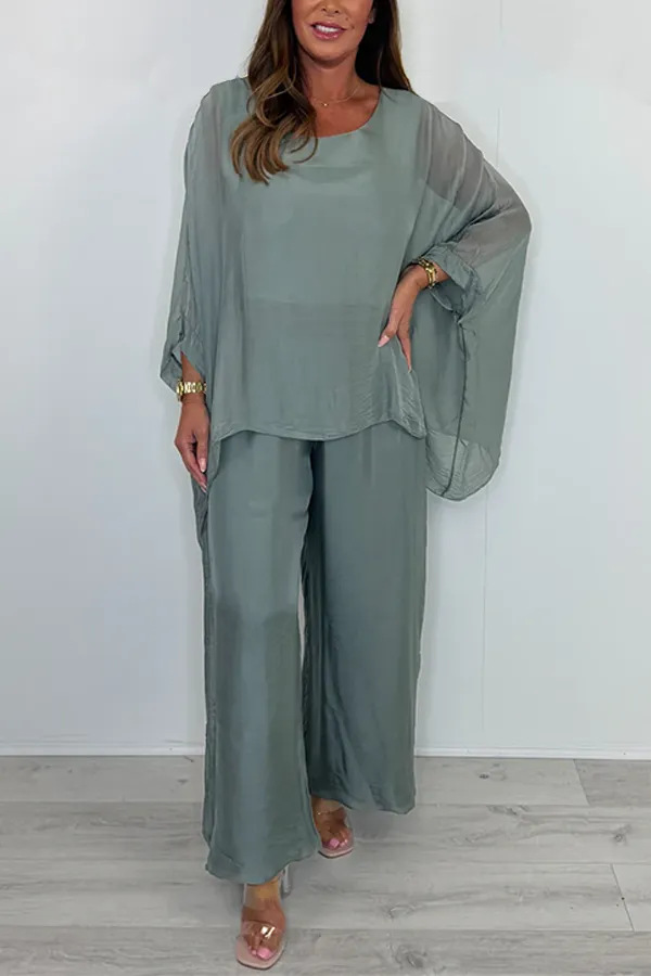 Women's Loose Chiffon Long Sleeve Top & Wide Leg Pants Casual Set