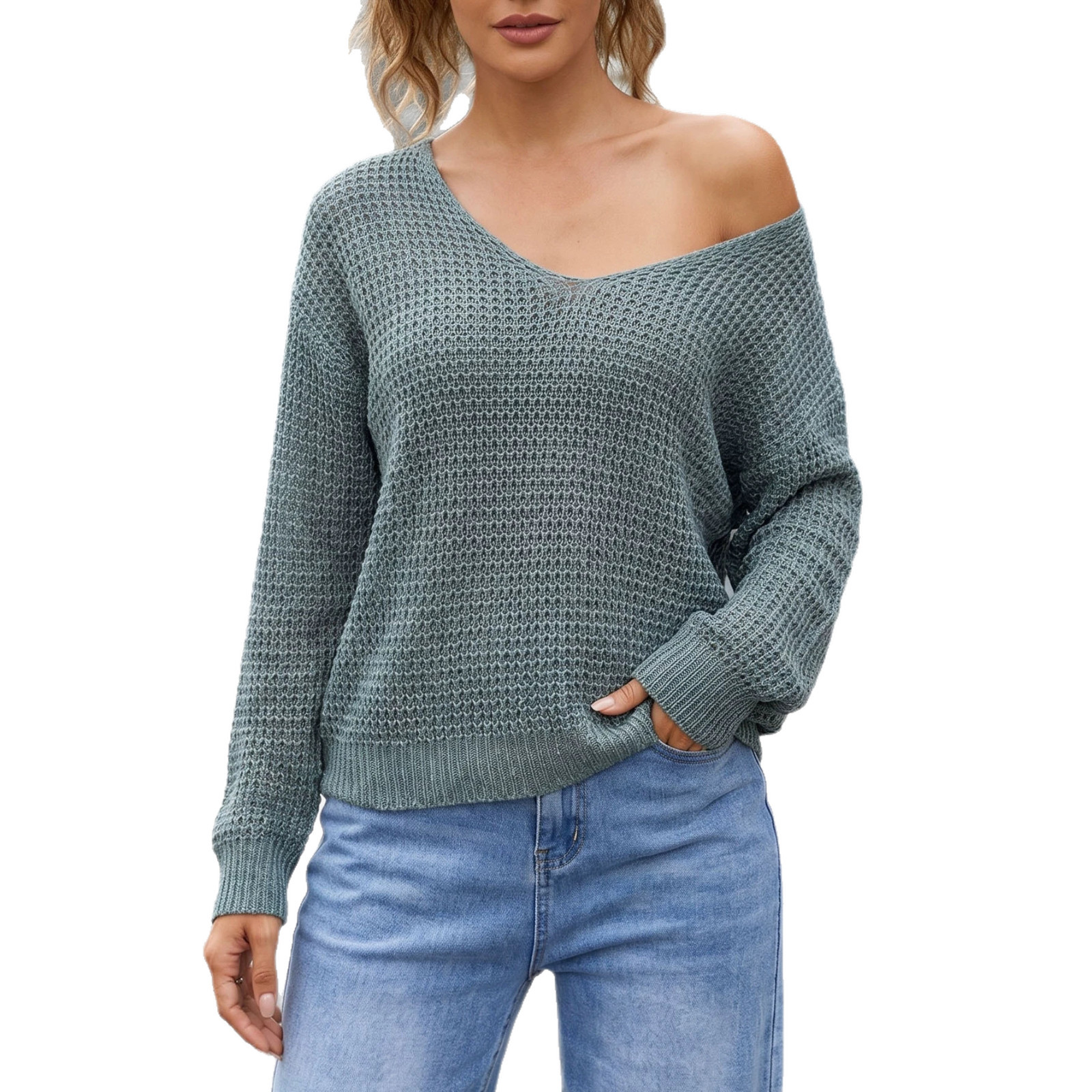 Women's Sexy V-Neck Open Back Lace-Up Cross Pullover Sweater Loose Knit Top