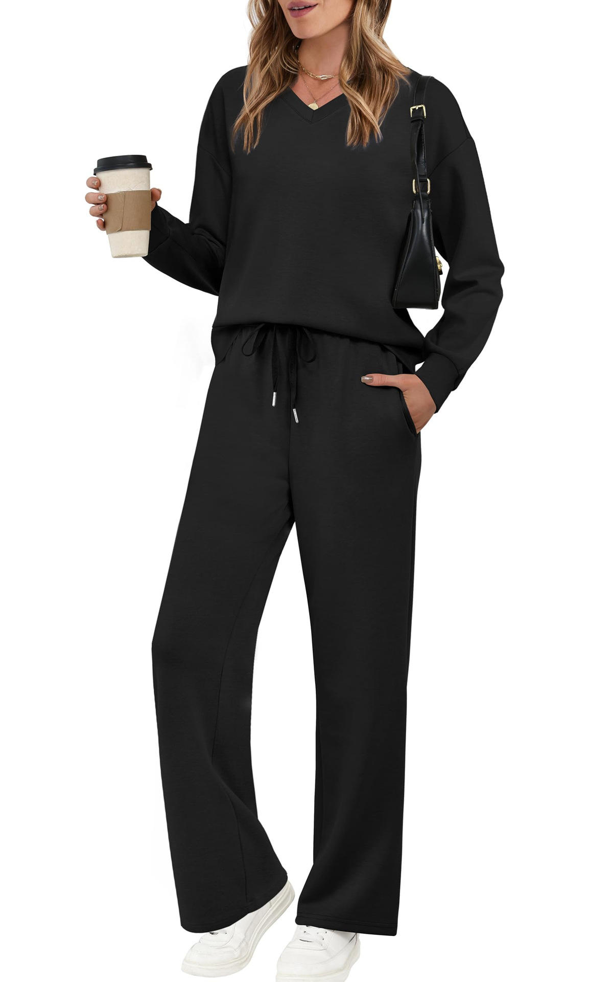 Women's Long Sleeve Drawstring Solid Color Casual Pants Set
