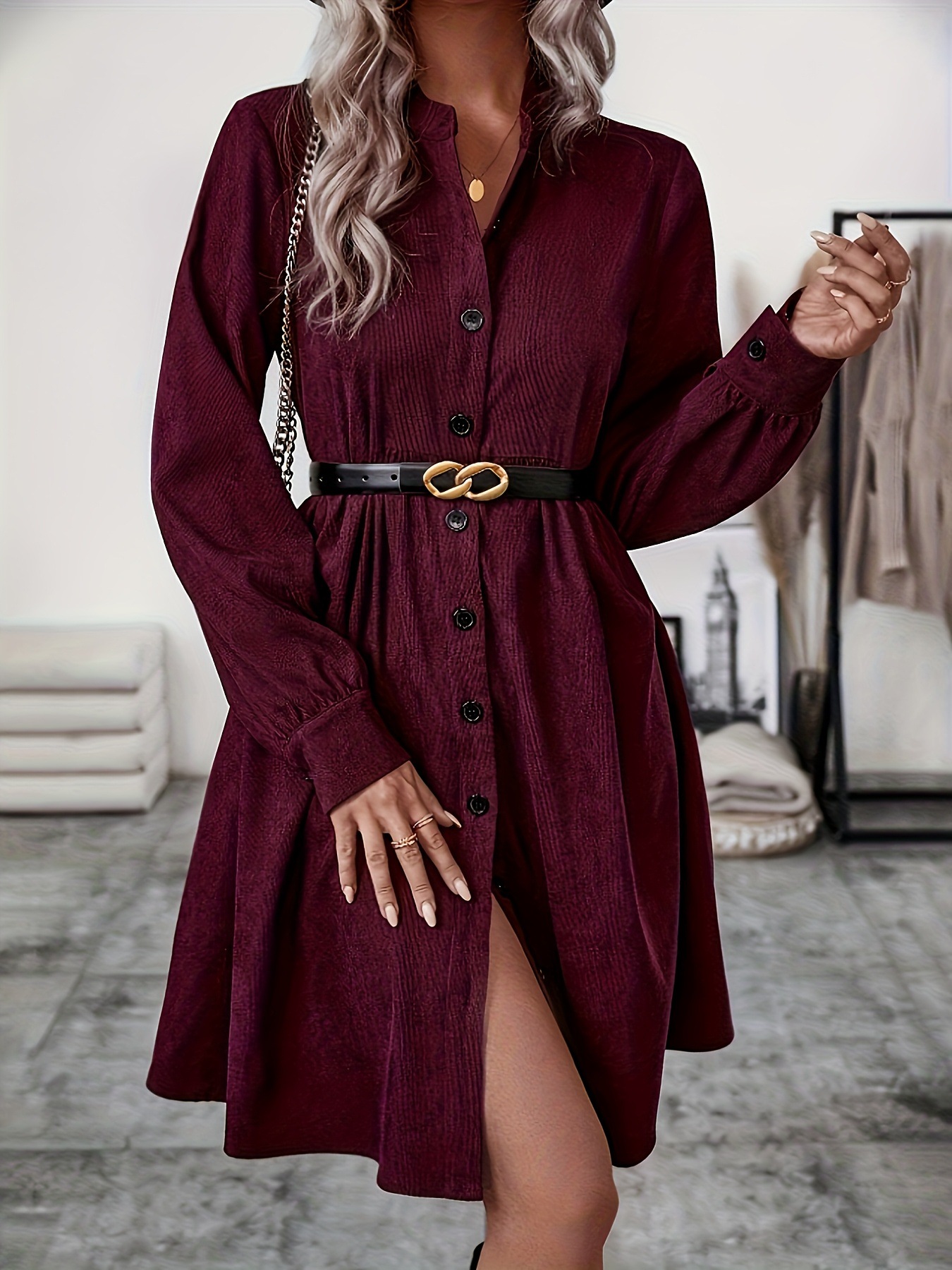 Solid Color Collared Button-Front Long Sleeve Midi Dress