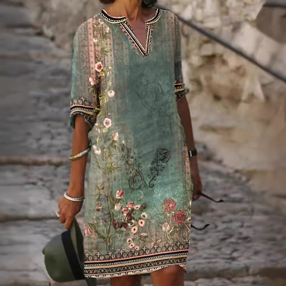 Women's Ethnic Floral Print V-Neck Casual Long Dress