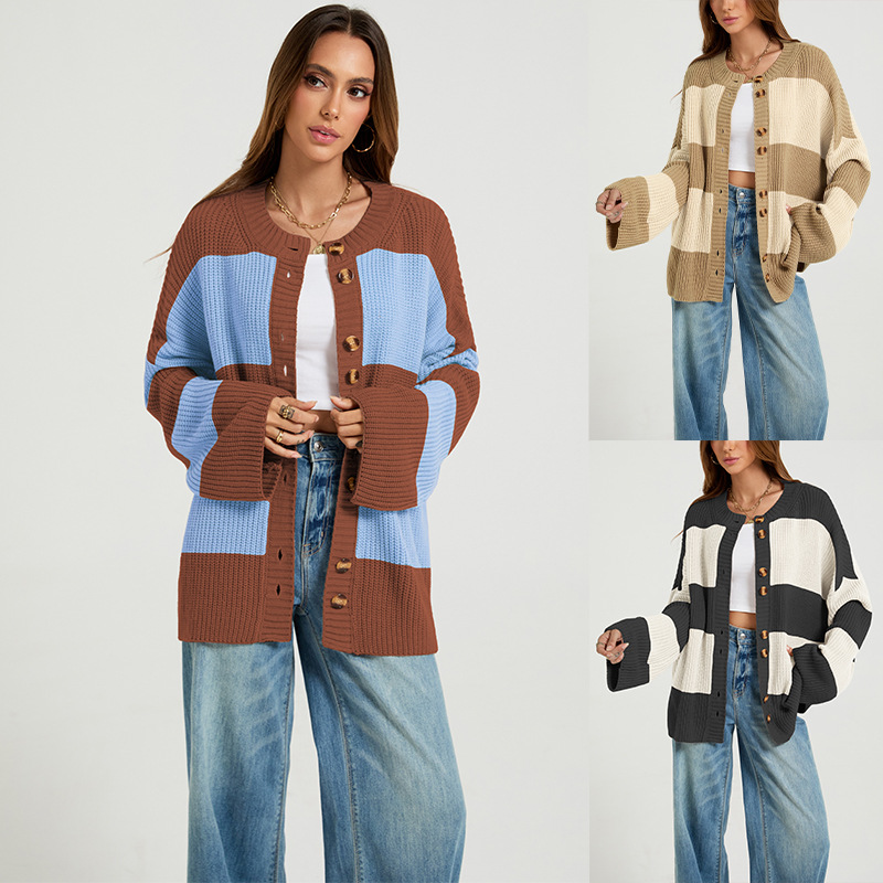 Striped Color-Block Knit Cardigan Sweater Coat