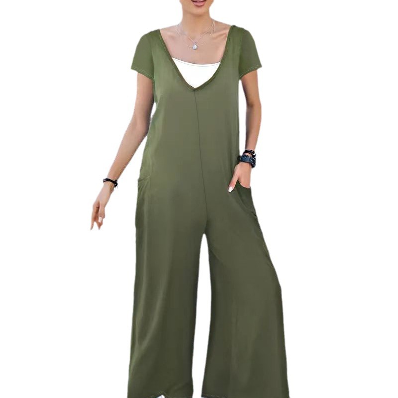 Solid Color Patch Pocket V-Neck Wide-Leg Jumpsuit
