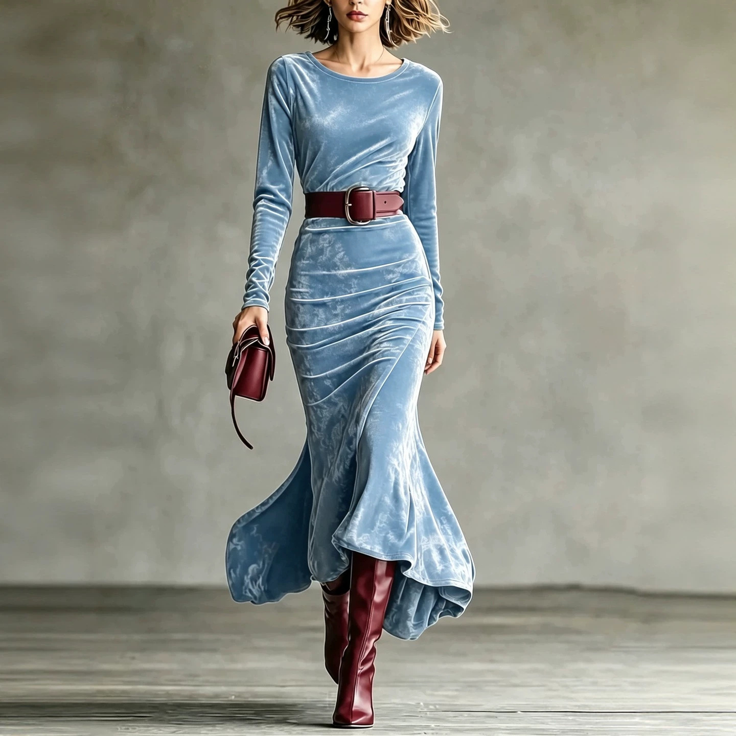 Elegant Velvet Long Sleeve Round Neck Slim Fit Mermaid Dress