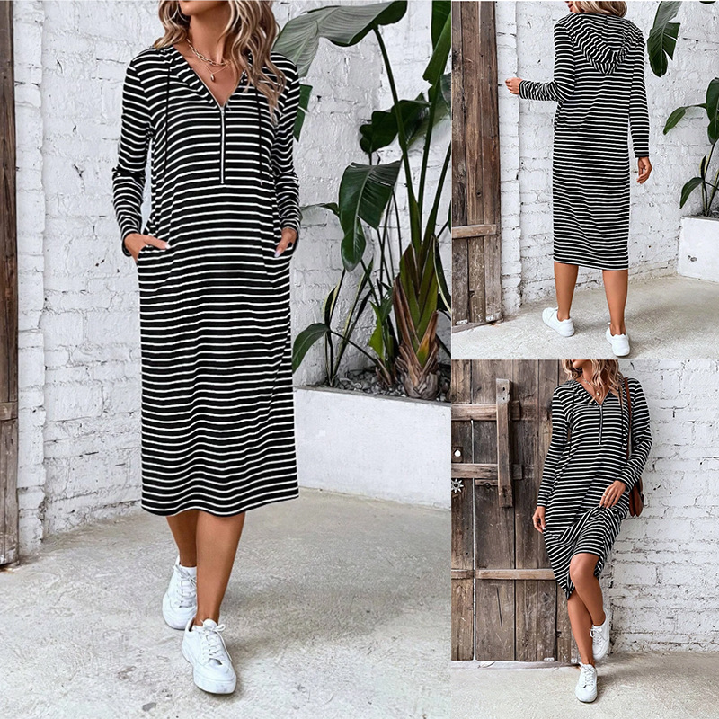 Striped Hooded V-Neck Long Sleeve Bodycon Midi Dress