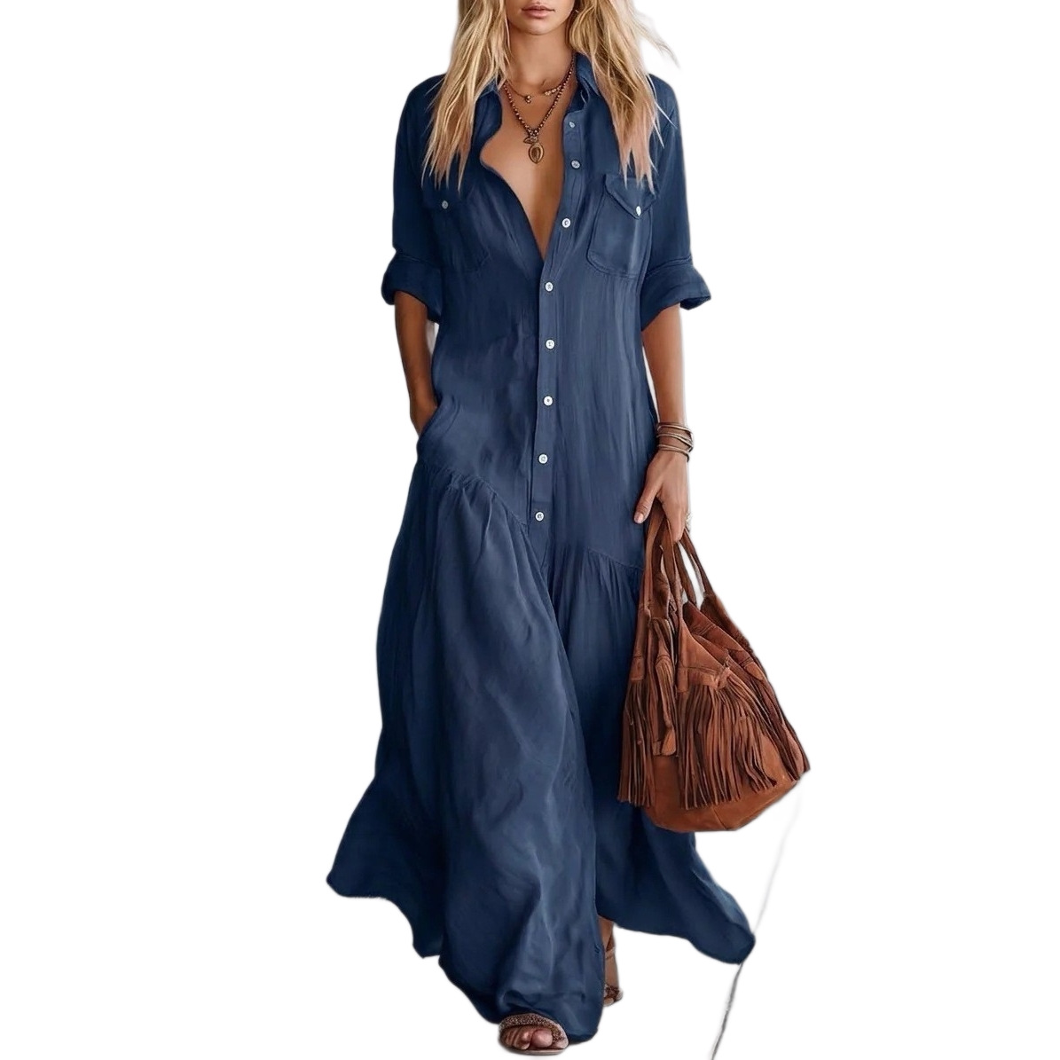 Collared Button-Front Patch Pocket Shirt Dress