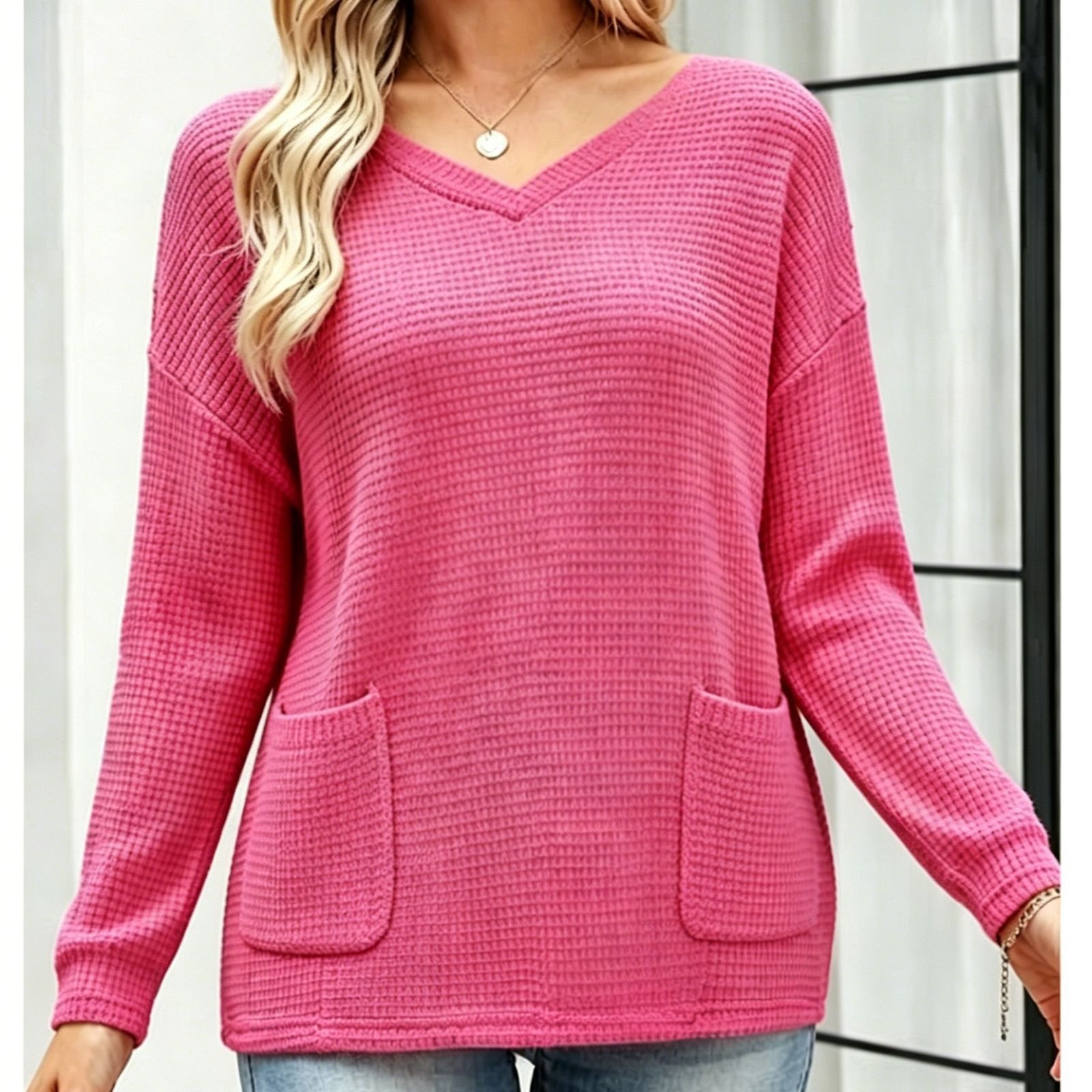 Women's V-Neck Knit Sweater with Pockets Loose Fit Pullover Top