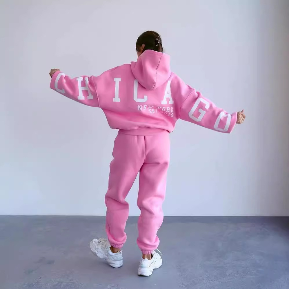 Women's Loose Back Print Hooded Sweatshirt and Pants Set