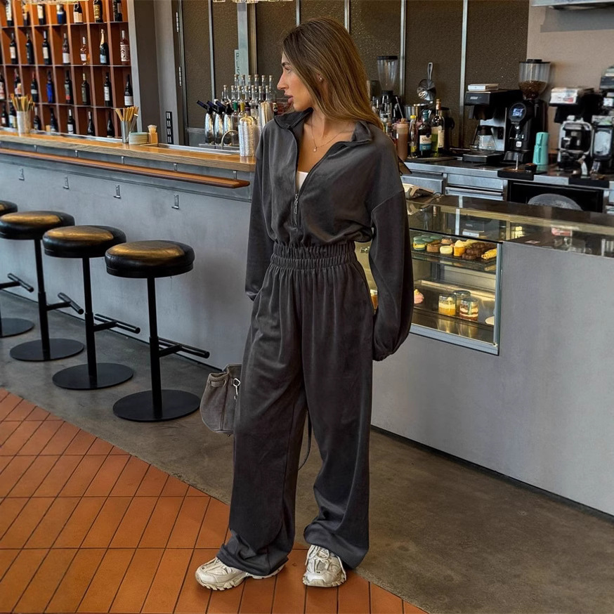 Women's Long Sleeve Jumpsuit with Half Placket and Elastic Waist