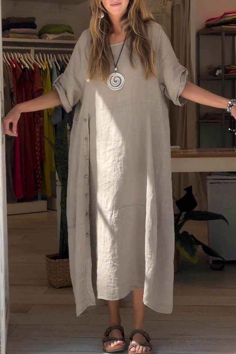 Women's Summer Loose Casual Solid Short Sleeve Cotton Linen Dress