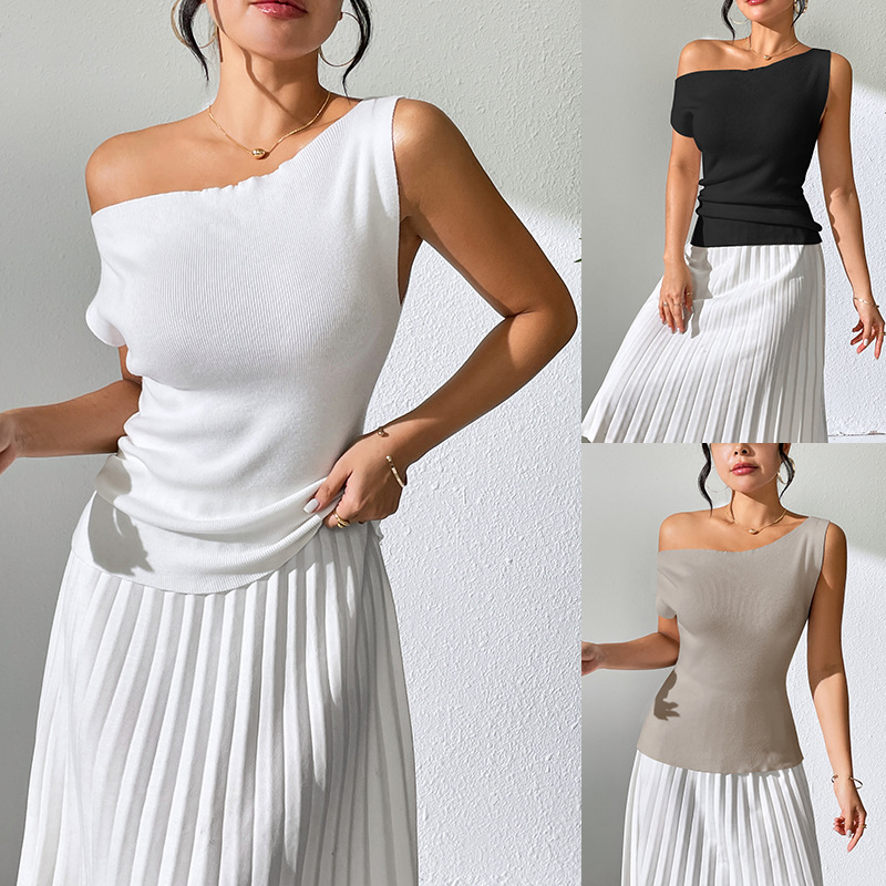 Solid Sleeveless Knit Top - Slim Fit Off-Shoulder Design