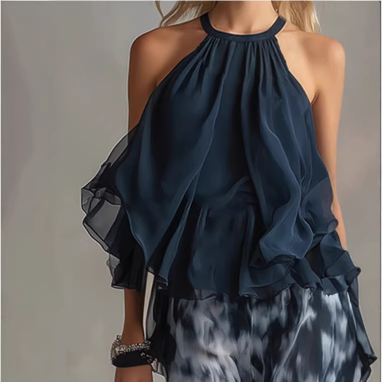 Elegant Navy Open-Back Top and Printed Wide-Leg Pants Set