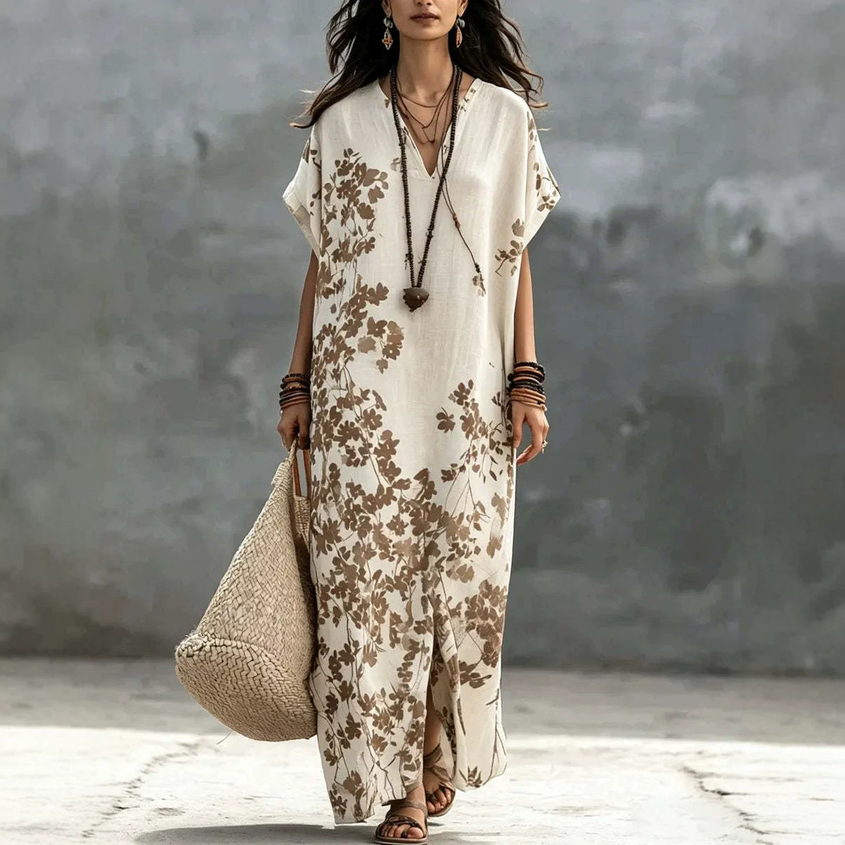 V-Neck Floral Print Short Sleeve Slit Maxi Dress