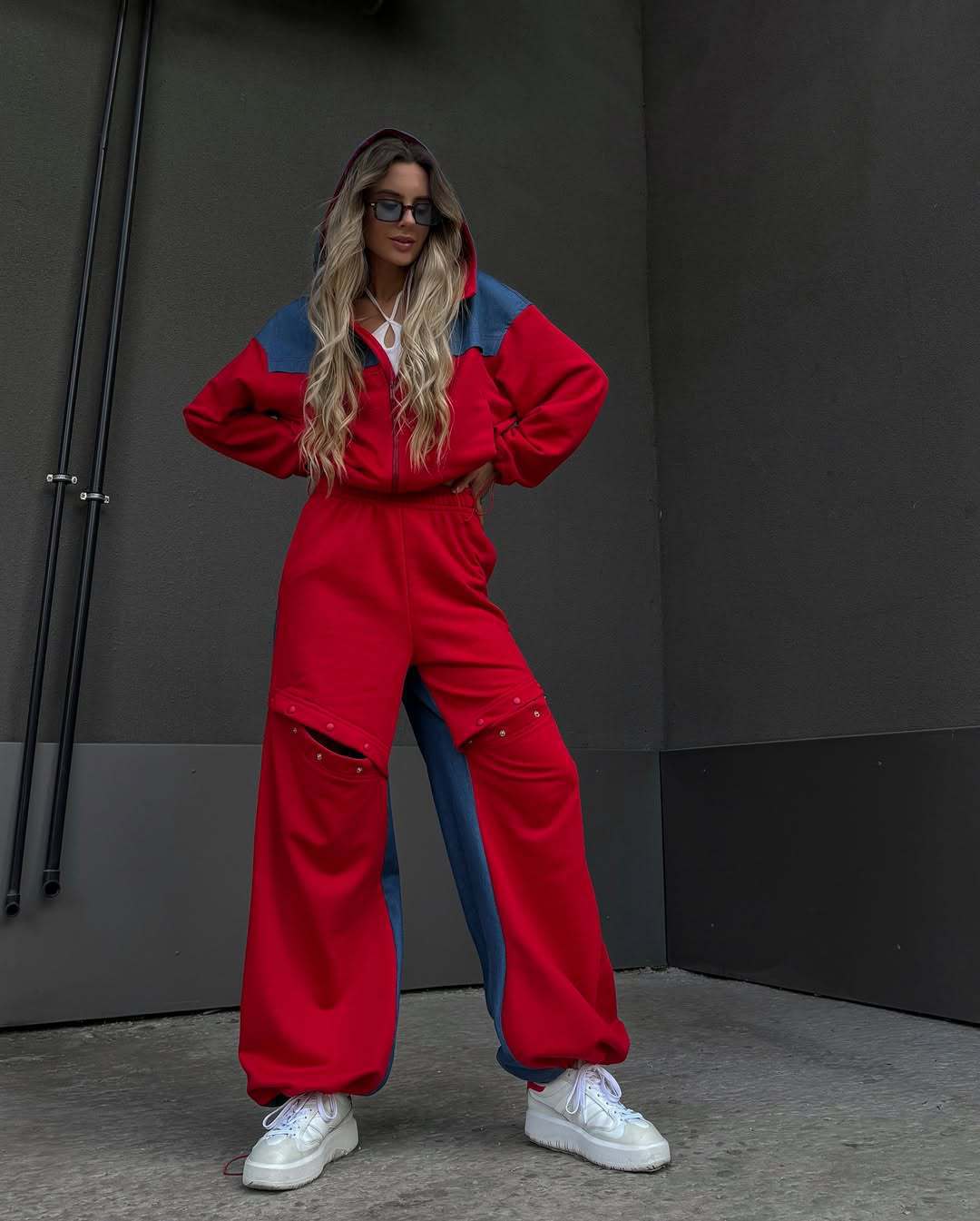 High Street Colorblock Hooded Cardigan & Distressed Button Pants Two-Piece Set