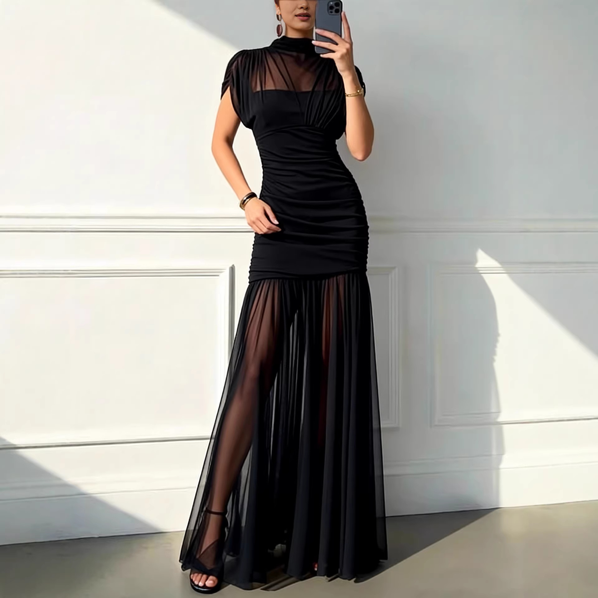 Women's Sexy Solid Bodycon Mesh Long Dress
