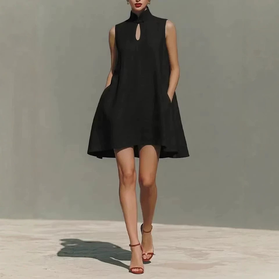 Sleeveless A-Line Midi Dress with Butterfly Buckle