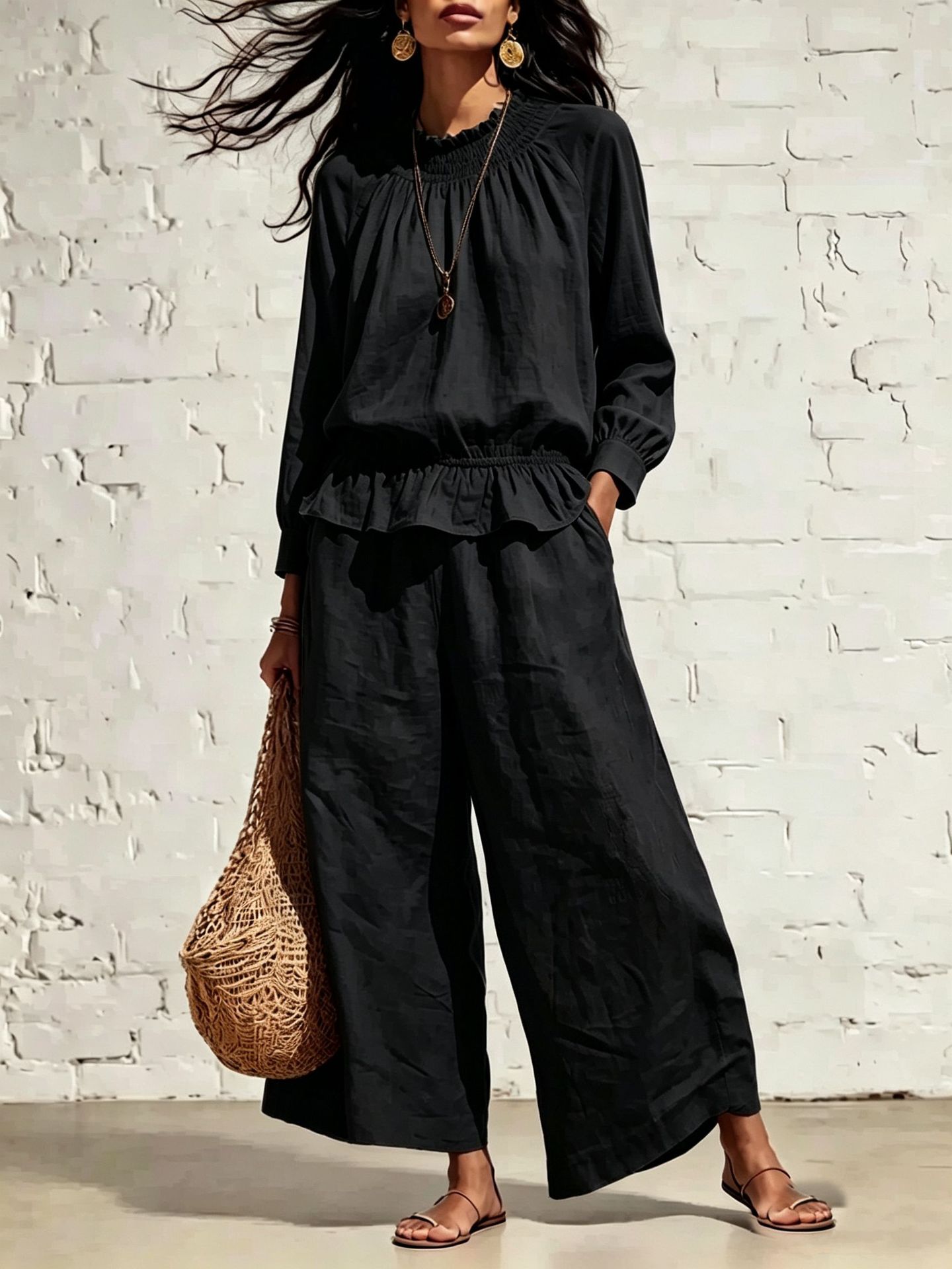 Women's Ruffle Wide-Leg Pants Two-Piece Set Long Sleeve Shirt Casual